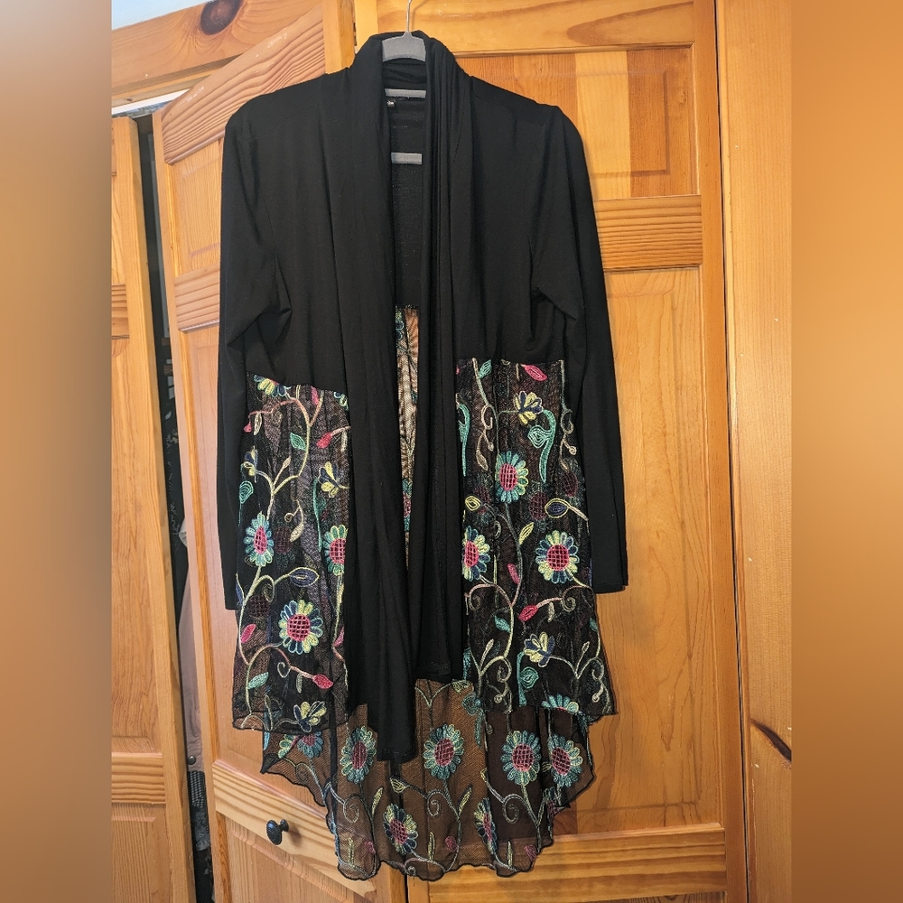 Kim & Cami L shawl collar embroidered sheer long open kimono cardigan